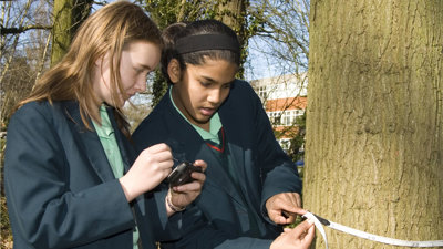 Two schoolchildren measuring the circumference of a tree.