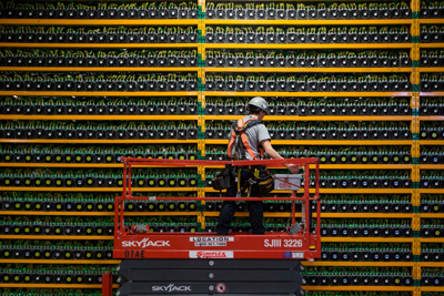 A technician at Bitfarms in Saint Hyacinthe, Quebec 