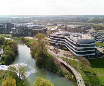 Aerial view of the University of Northampton campus, showing various buildings