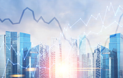 Graphic of skyscrapers, line graphs and sunshine
