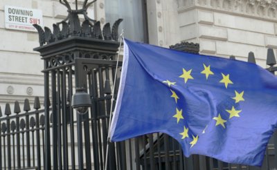 A European Union flag waves besides black metal gates. behind these gates are a white brick building with a street sign saying Downing street.