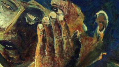 Painting of two people whispering, titled 'Gossip painting'.